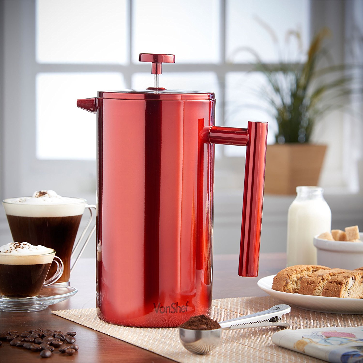 VonShef Red Double Wall Keep Warm Satin Polished Stainless Steel French