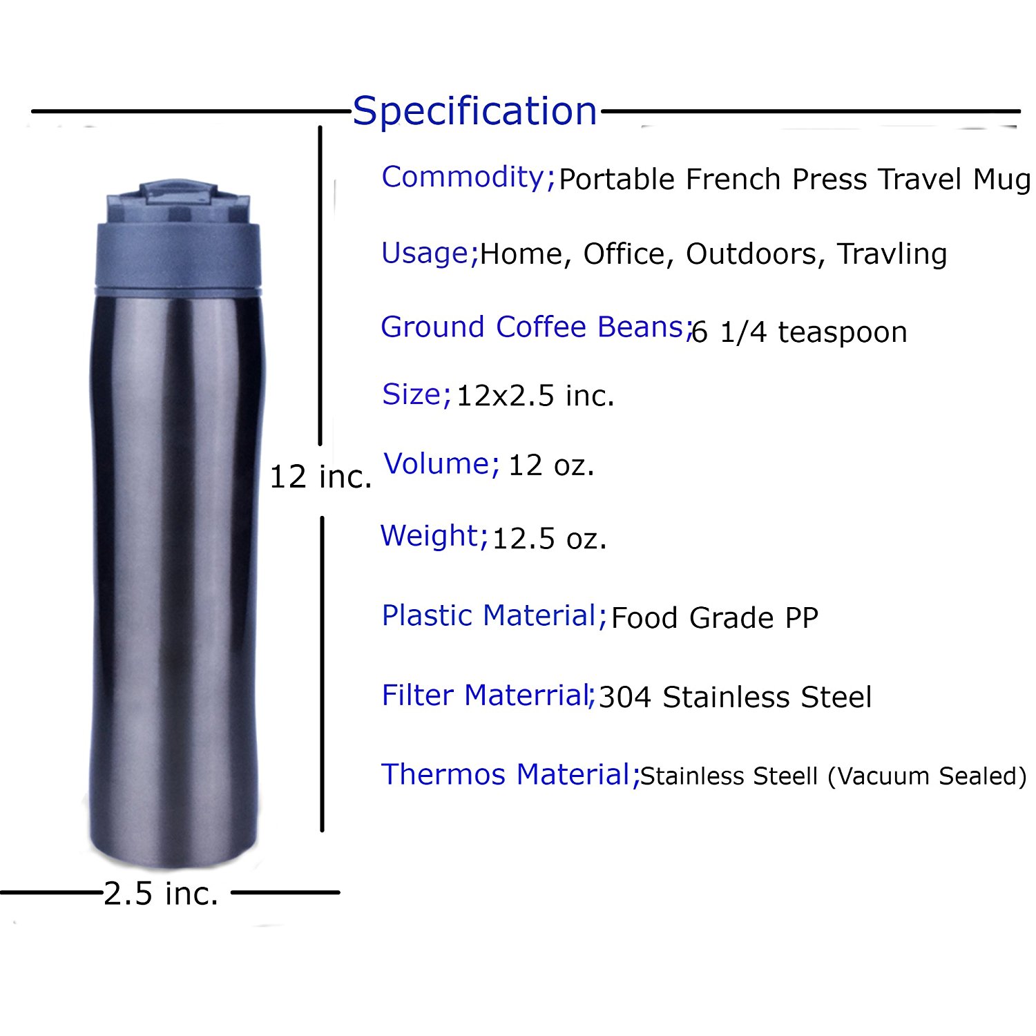 Equaliteria™Portable stainless steel grey French Press 12oz travel mug