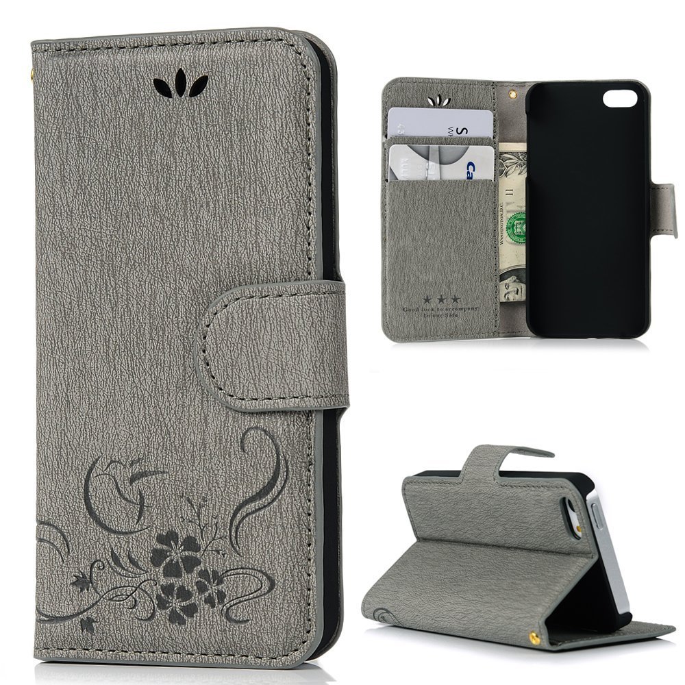 IPhone SE Case,iPhone 5S Case,iPhone 5 Case Flip Wallet Case Stand Vintage Embossed Flowers PU