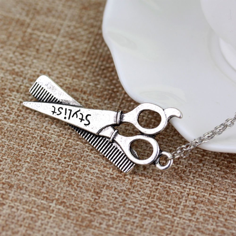 Women's Fashion Silver Hairdresser Scissors Comb Stylist Pendant Chain