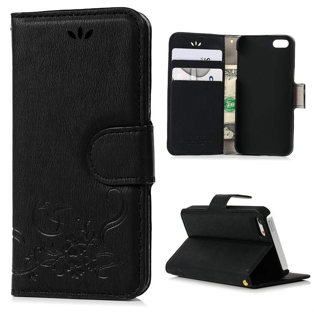 IPhone SE Case,iPhone 5S Case,iPhone 5 Case Flip Wallet Case Stand Vintage Embossed Flowers PU