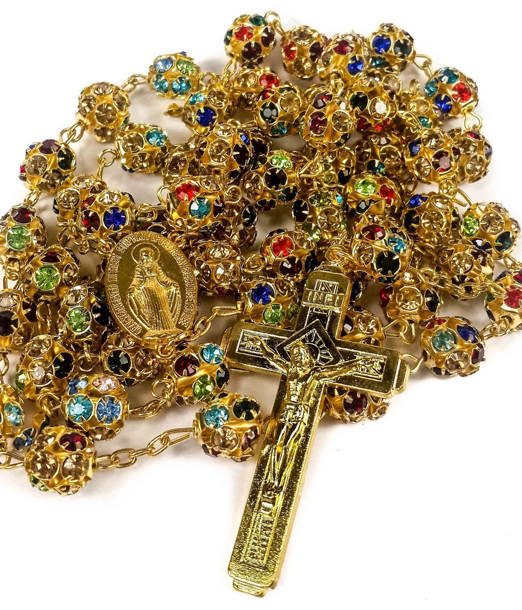 Colorful Zircon Beads Golden Rosary Catholic Necklace Miraculous Medal