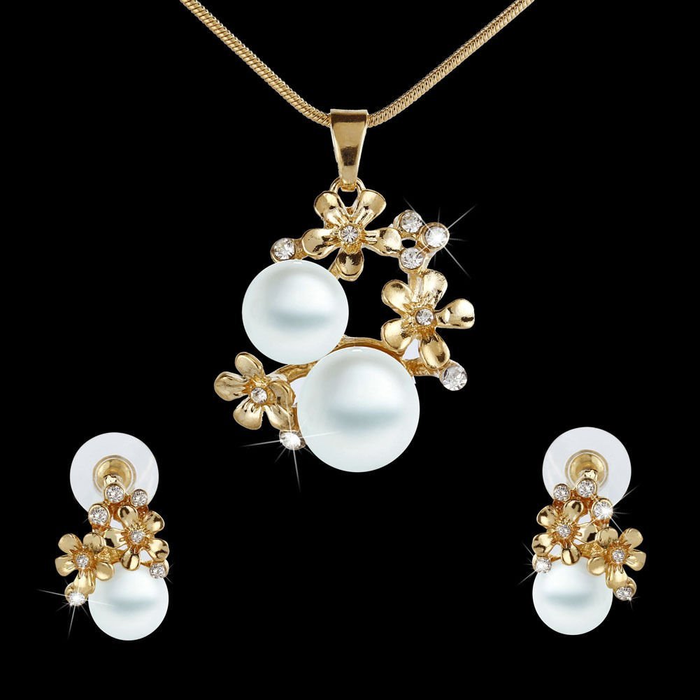 Vogue Jewelry Set Double Pearl Flower Dangle Earrings CZ Gold Plated