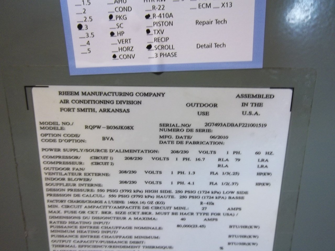 RHEEM New Dual Fuel Central Air Conditioner Package RQPWB036JK08XBVA