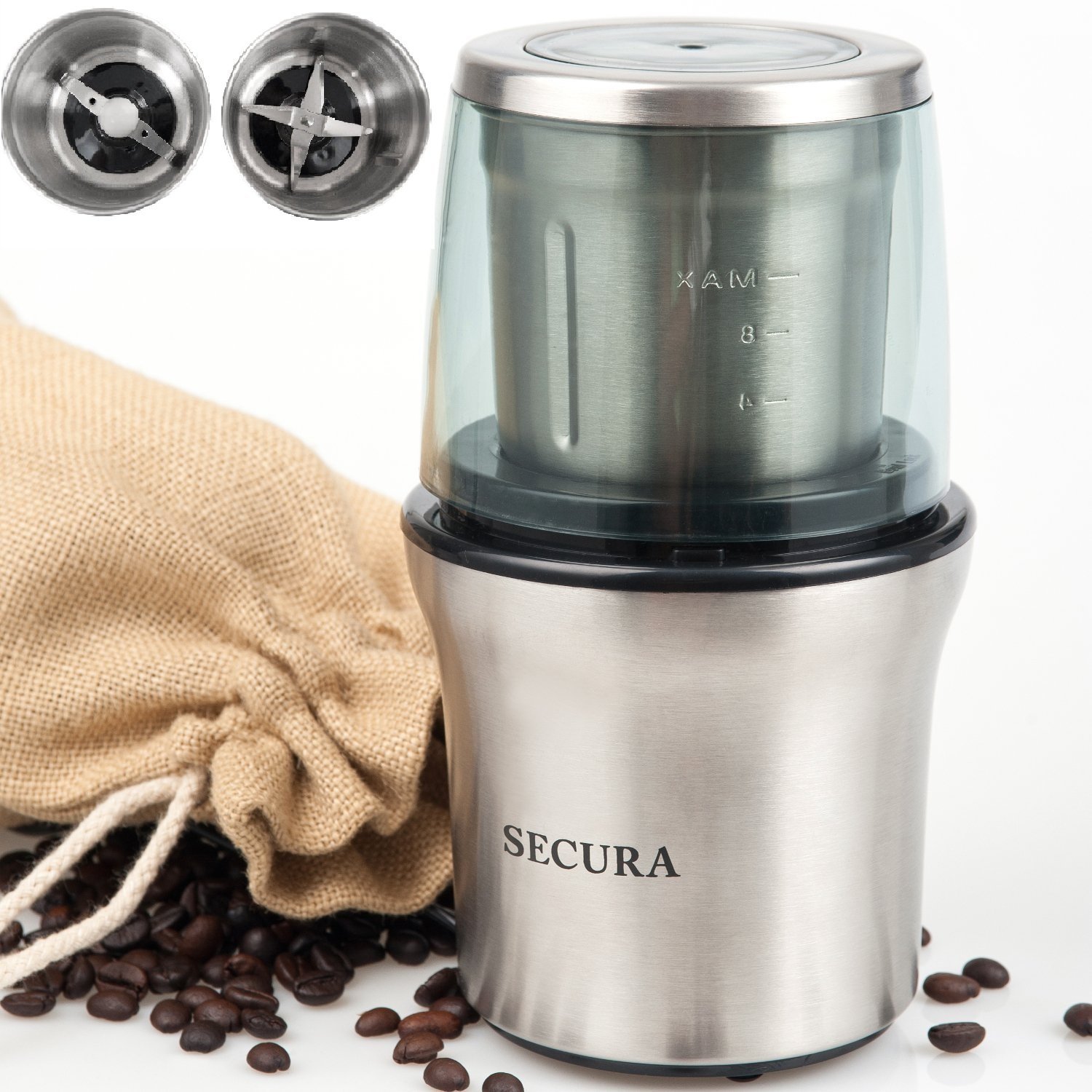 Secura Electric Coffee Grinder & Spice Grinder with 2 StainlessSteel