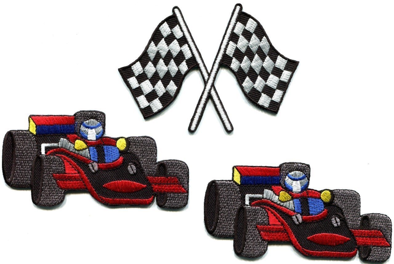 Lot of 3 Sports Car Racing Checkered Flag Formula 1 Appliques Ironon