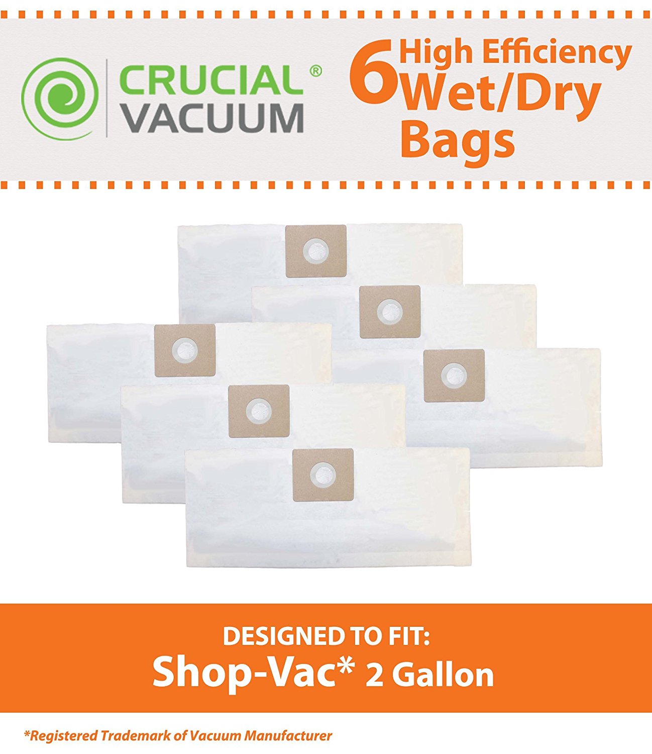 6PK Shop Vac 2 & 2.5 Gallon Type B Bags; Fits ShopVac 2 Gallon Wet/Dry