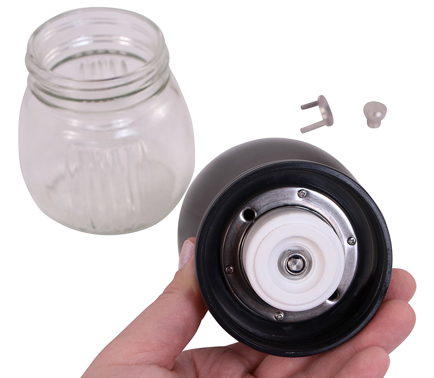 KhawFee HG1B Hand Coffee Grinder with Ceramic Burr, Glass Jar and Storage Lid in Black N2 free