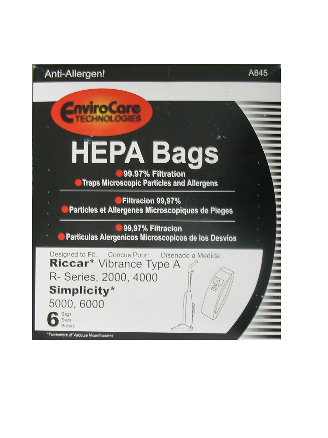 6 Riccar Vibrance Simplicity 5000, 6000 Type a Hepa Bags, Commercial