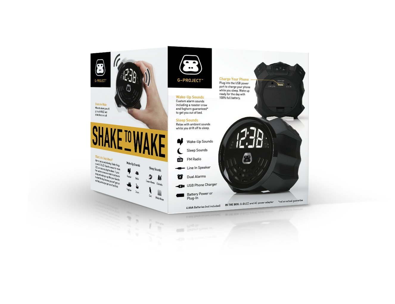 GProject GBUZZ Portable Alarm Clock FM Radio Speaker and USB Charging & Aux Line In N4 free