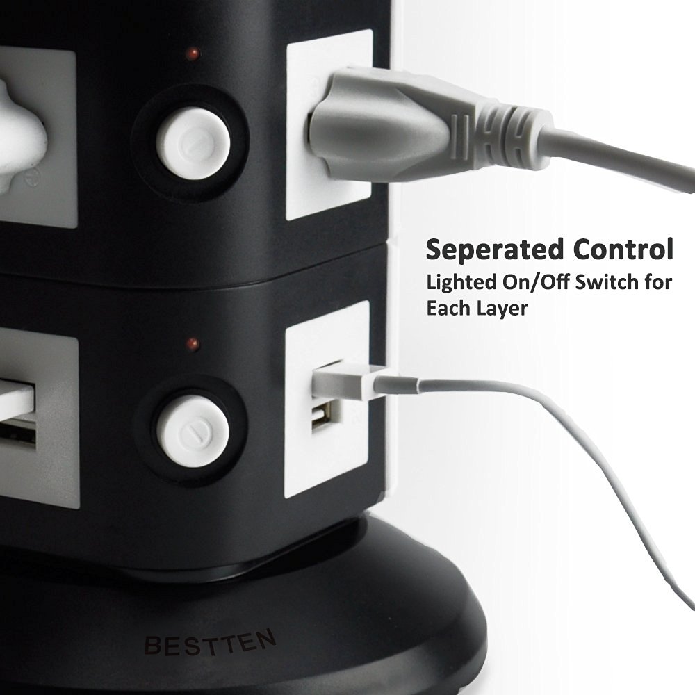 Bestten MultiFunctional Charging Station Tower 6Outlet Surge