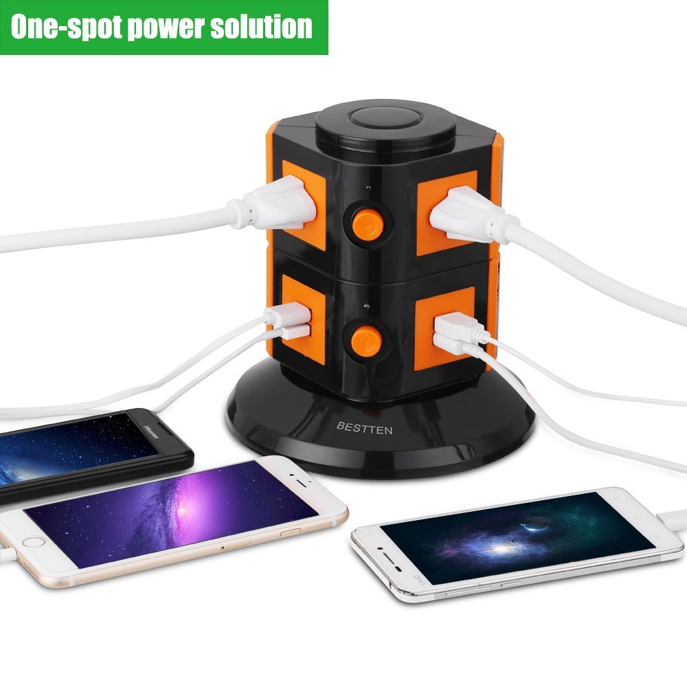 Bestten MultiFunctional Charging Station Tower 6Outlet Surge