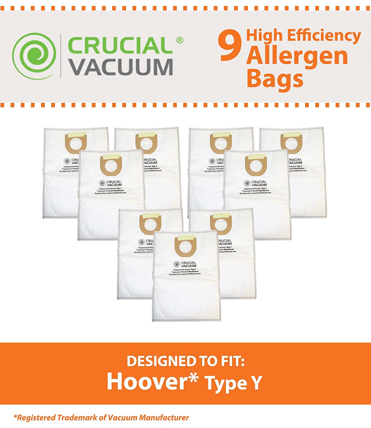 9 Hoover WindTunnel HEPA Style CLOTH Type Y Vacuum Bags Allergen