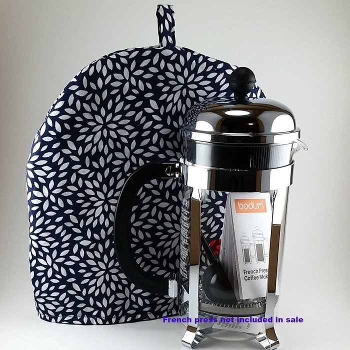 French Press Cozy Cover, 8 cup, Insulated Cosy, Blue White, Tea Cozy N2