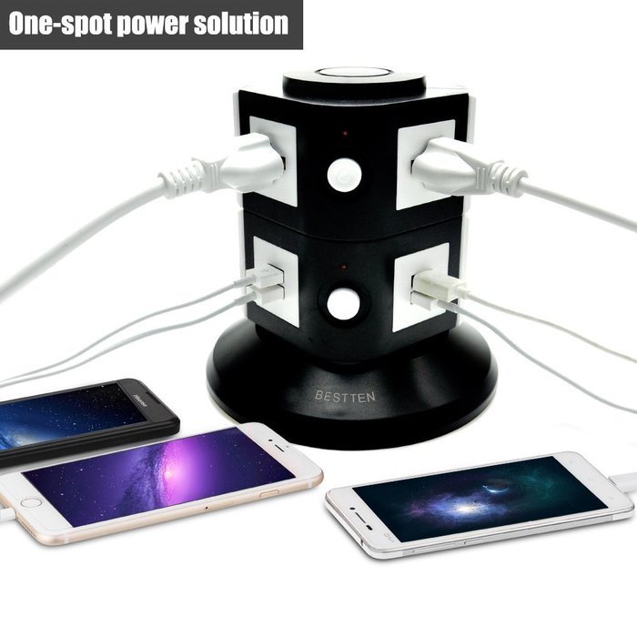 Bestten MultiFunctional Charging Station Tower 6Outlet Surge Protector with 4 USB Charging