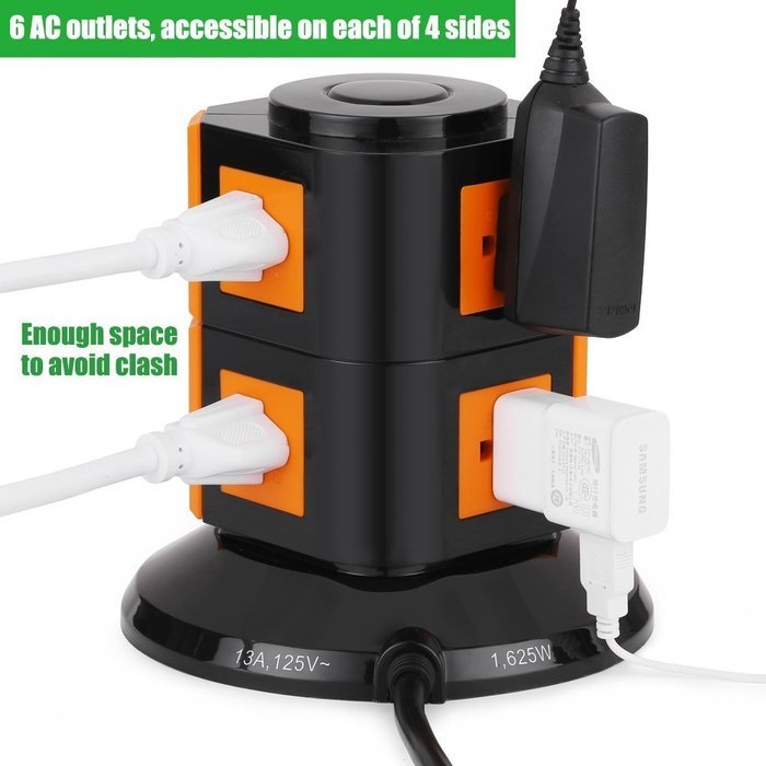 Bestten MultiFunctional Charging Station Tower 6Outlet Surge Protector with 4 USB Charging