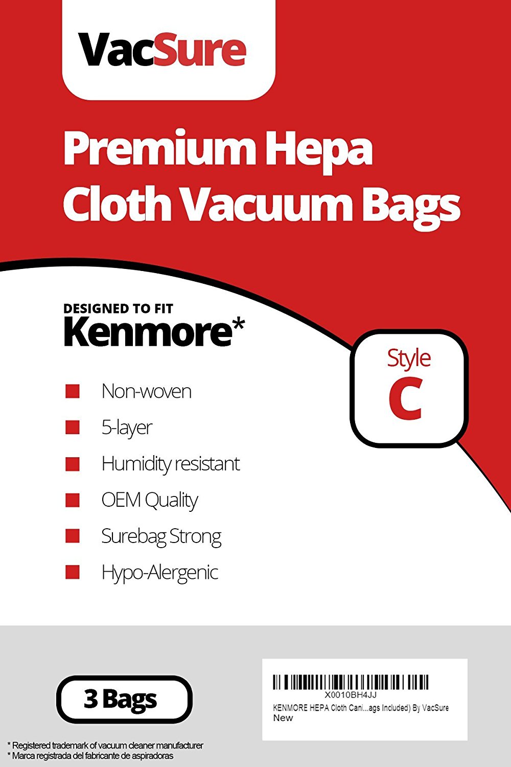 KENMORE HEPA Cloth Canister Vacuum Bags Type C (3 Bags Included) By