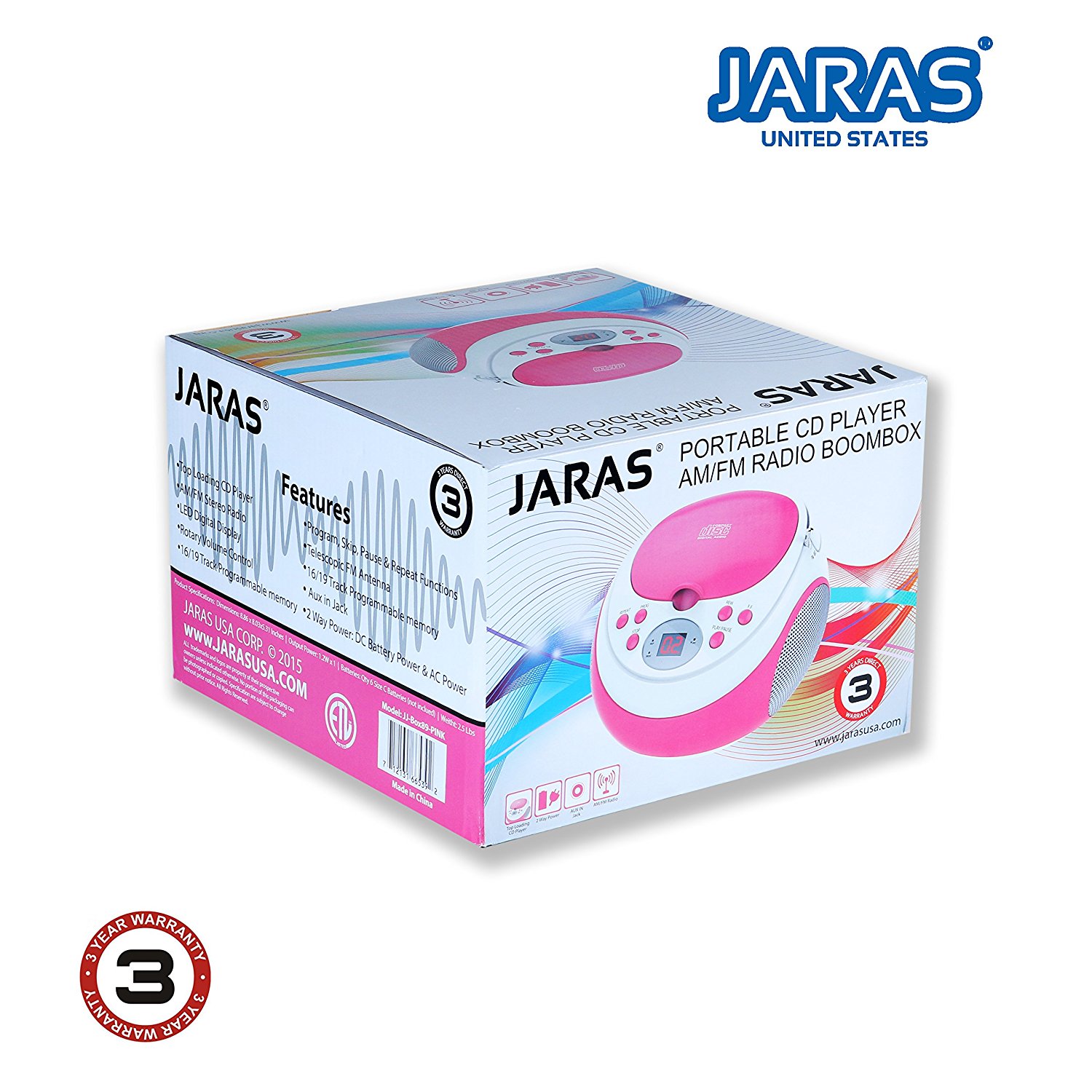 Jaras Limited Edition Portable Pink Boombox Stereo CD Player with AM/FM