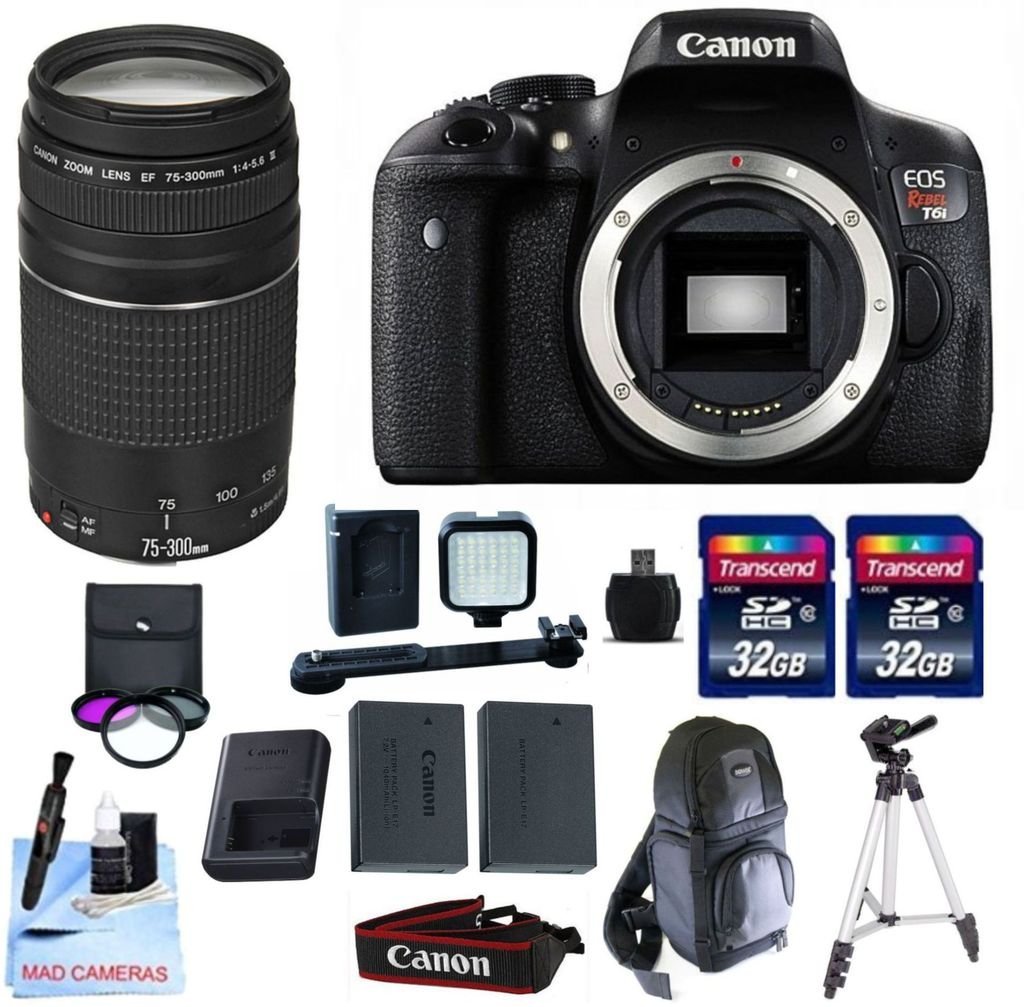 Canon EOS T6i DSLR Kit + Canon EF 75300mm III + 2 32GB Transcend SD