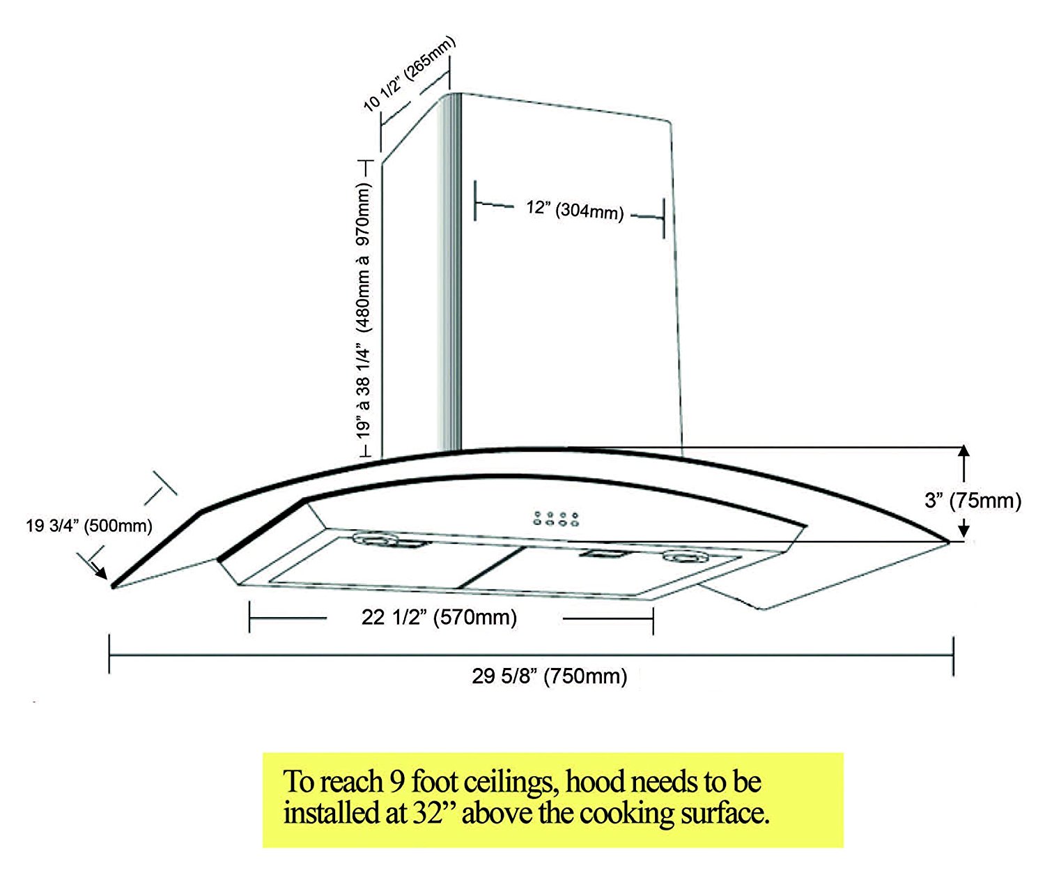 Ancona Tornado II Glass Canopy 600 CFM Wall Mount Range Hood, 36Inch
