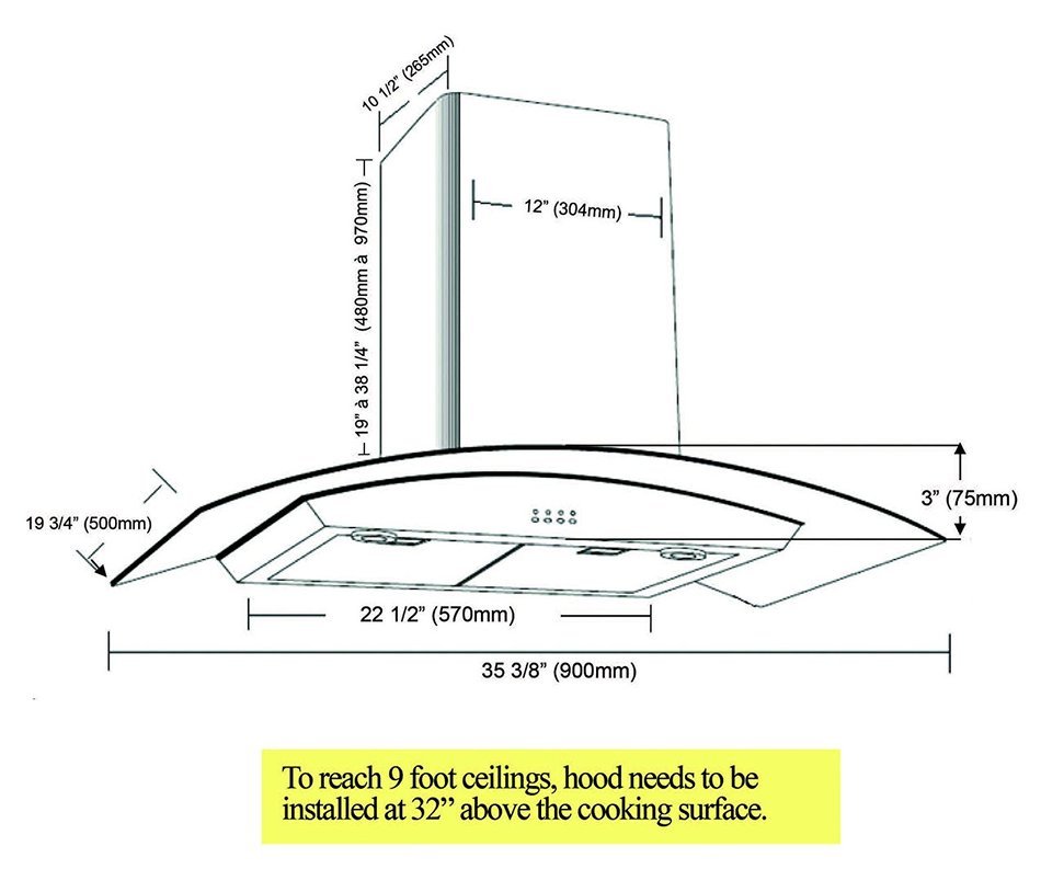 Ancona Tornado II Glass Canopy 600 CFM Wall Mount Range Hood, 36Inch