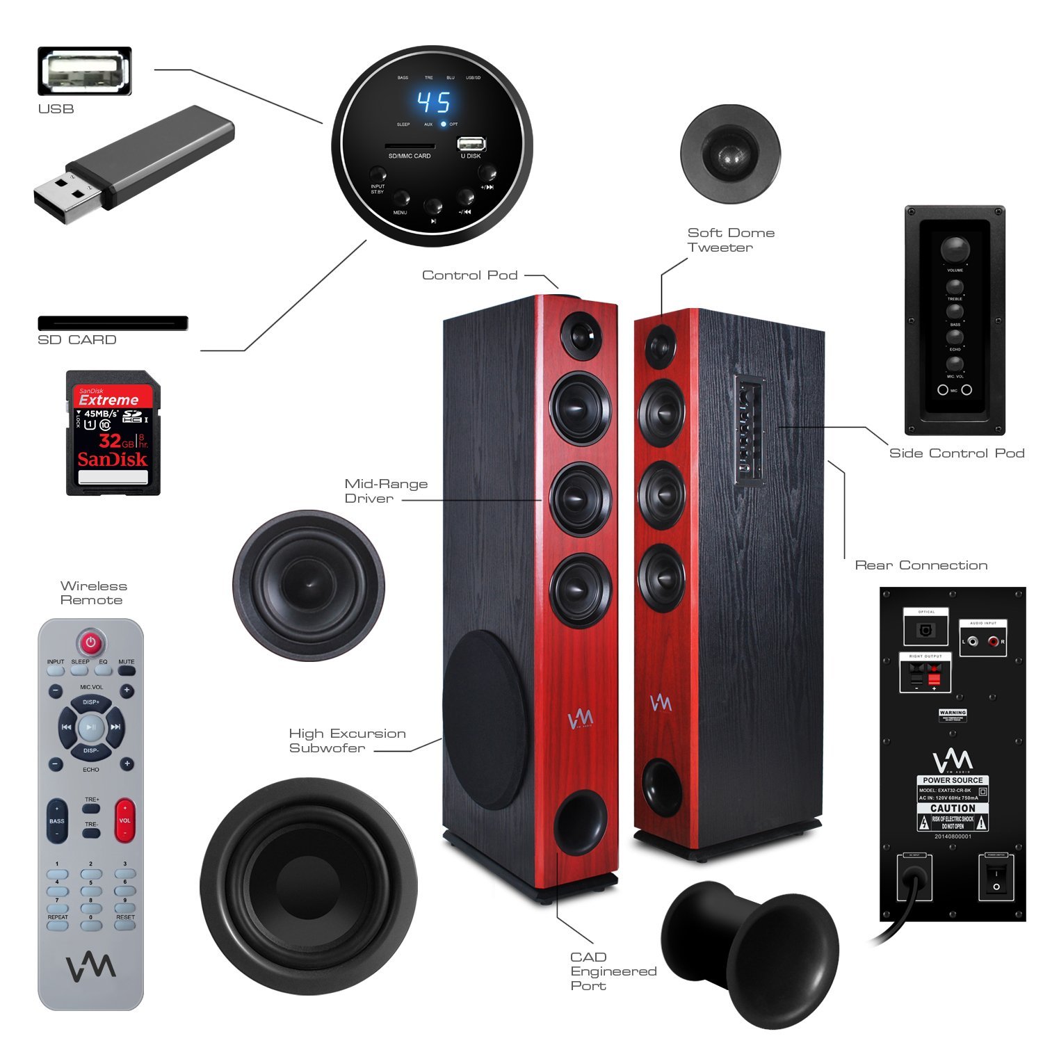 VM Audio EXAT32 Cherry/Black Floorstanding Powered Bluetooth Tower