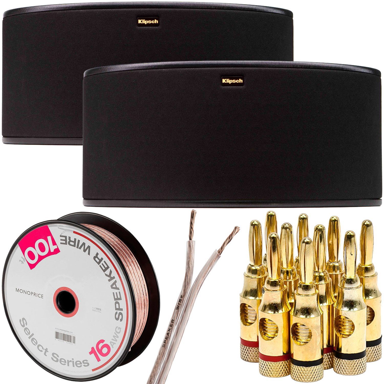 Klipsch R14S Surround Sound Speaker Pair + Speaker Wire & Banana Plugs