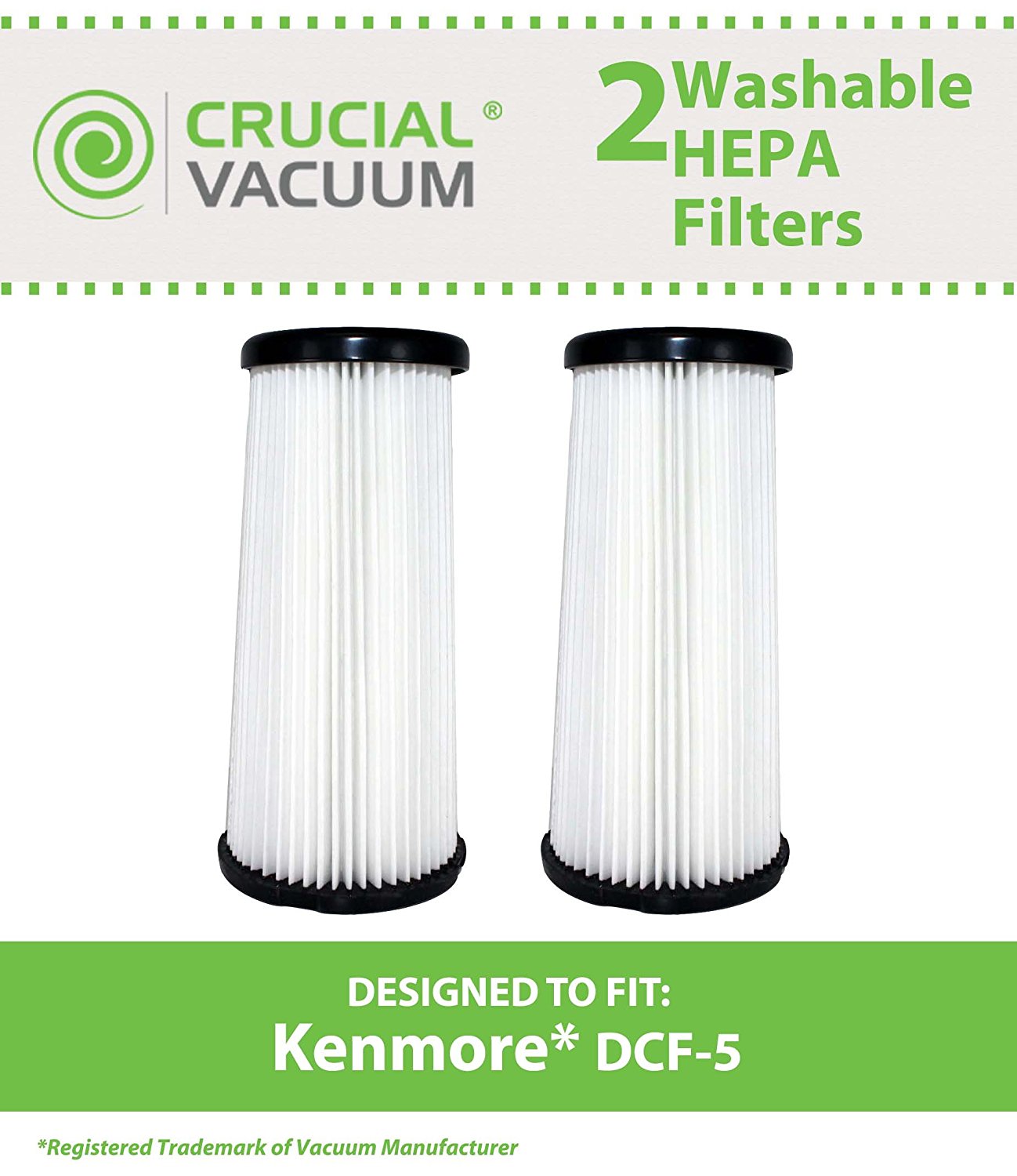 2 Kenmore DCF5 Washable Allergen Filtration HEPA Filters; Fits All