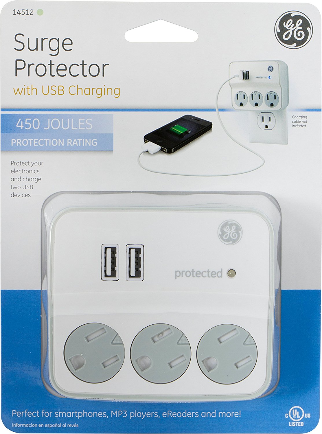 GE 14512 Surge Tap, 3 Outlets, 450J, USB, 2 Ports, 1.0A, White N3 free