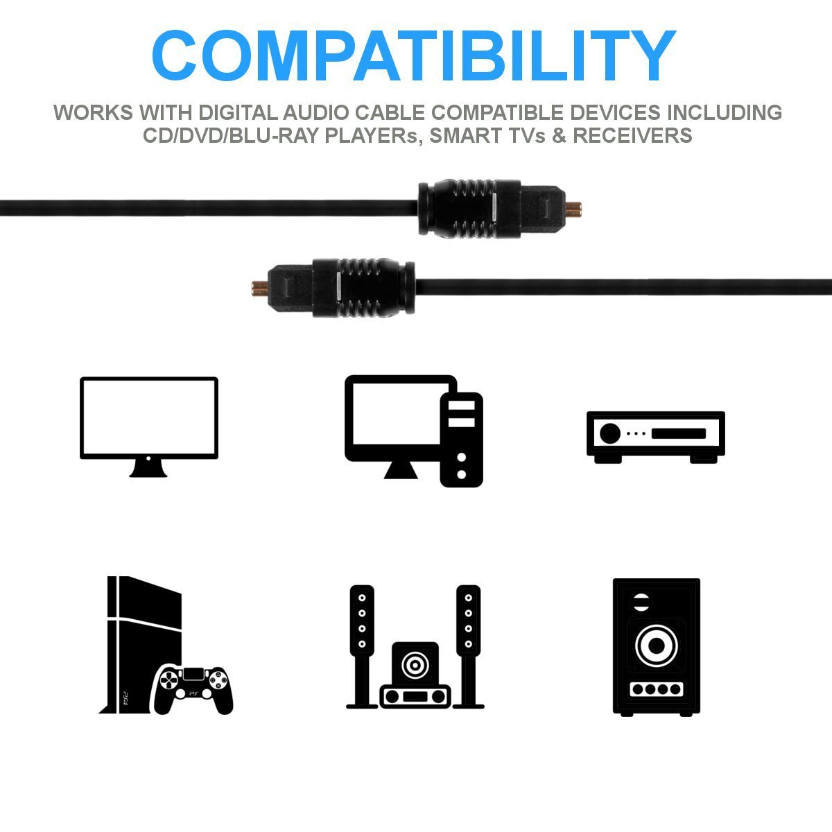 4 Pack 3ft Male to Male Digital Audio Cable Toslink Fiber Optic