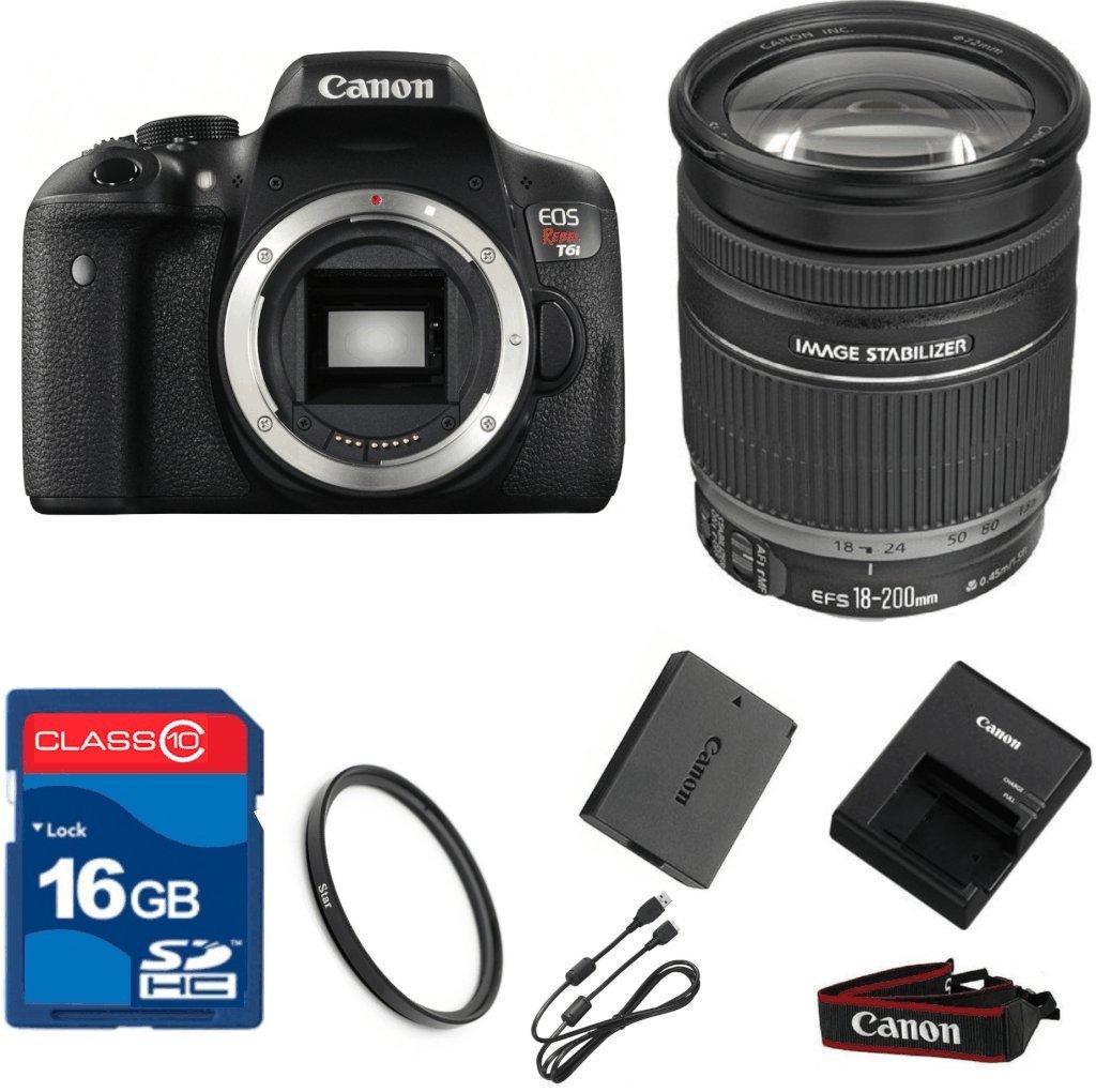Canon T6I DSLR + 18200mm IS Lens + 16GB Memory + UV Filter + Deluxe