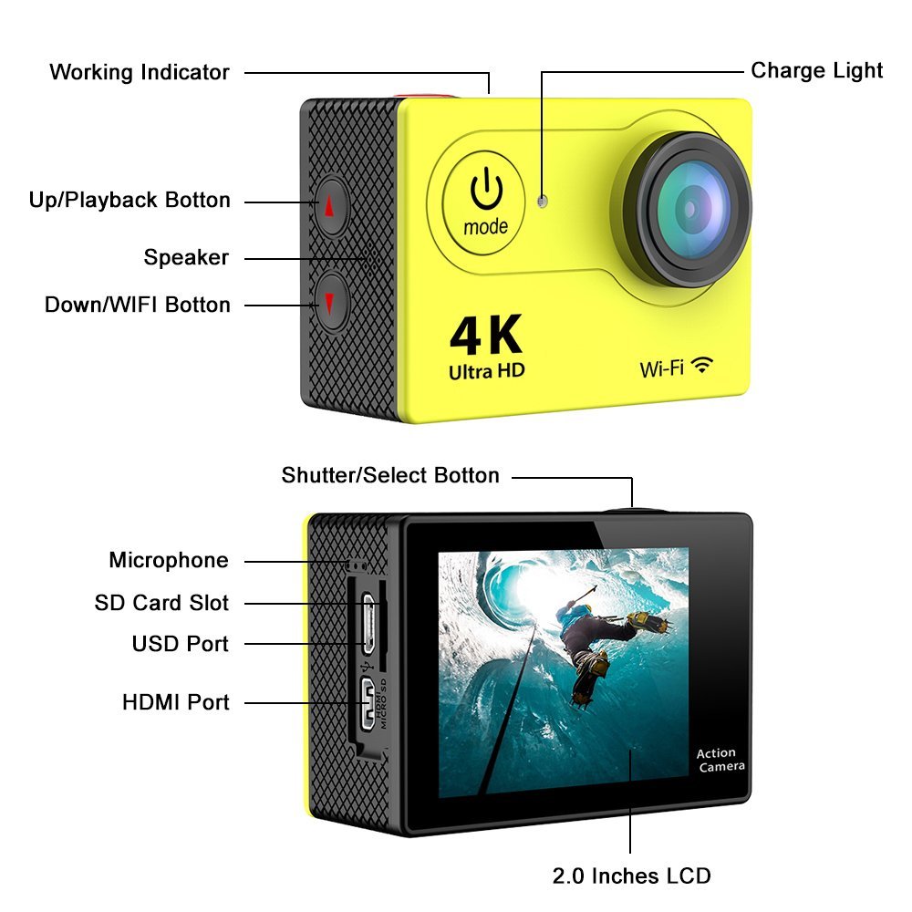 Sport Camera Meree Ultra HD 4K Video Camera Wide Angle 2 Inch Screen