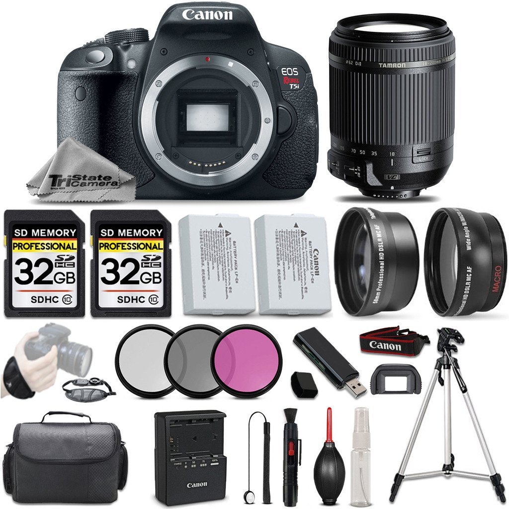 Canon EOS Rebel T5i DSLR 18 MP Camera + Tamron 18200 Lens + 0.43X Wide