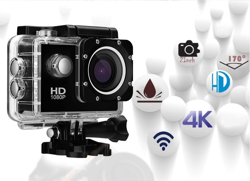 Sports Action Camera, HD 1080P 12M+170 ° Wide Angle Lens Waterproof Cam