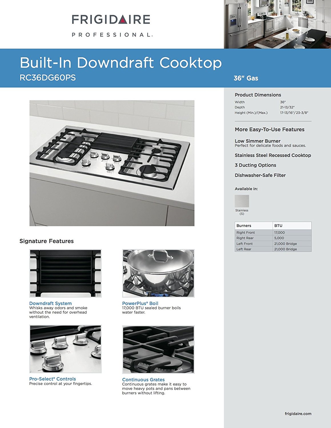 Frigidaire RC36DG60PS 36" Built In Downdraft Gas Cooktop with 4 Sealed