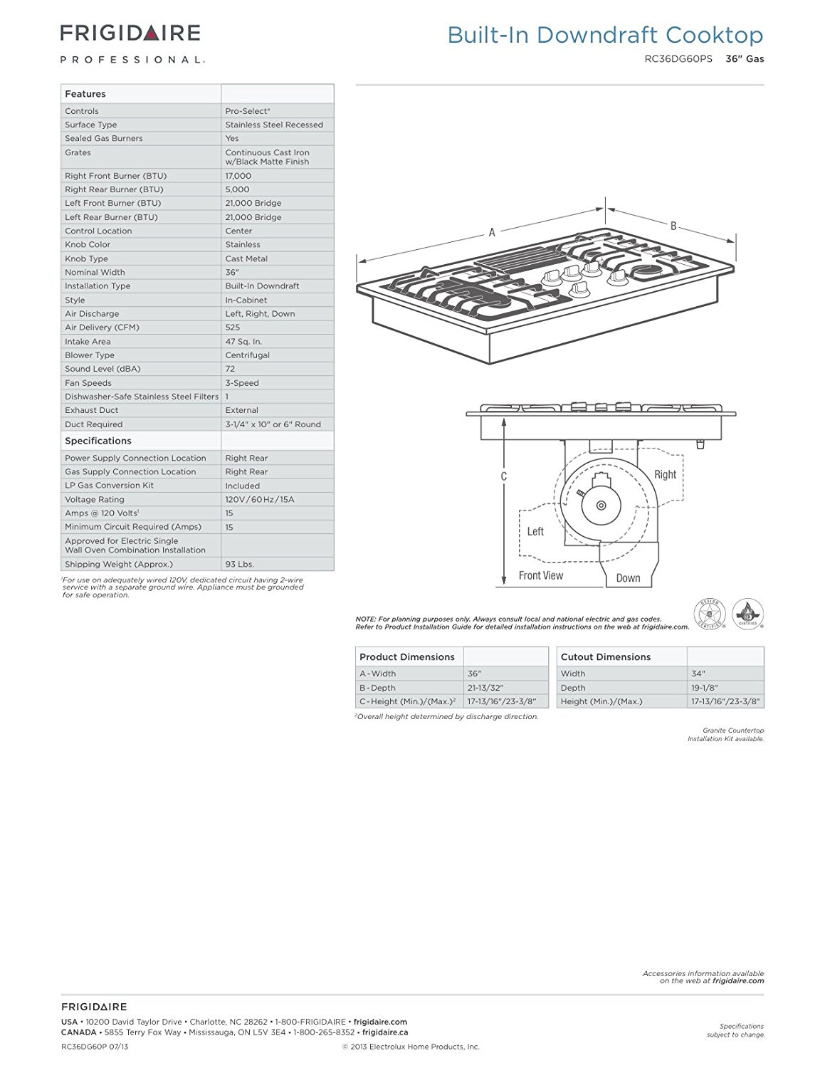 Frigidaire RC36DG60PS 36" Built In Downdraft Gas Cooktop with 4 Sealed