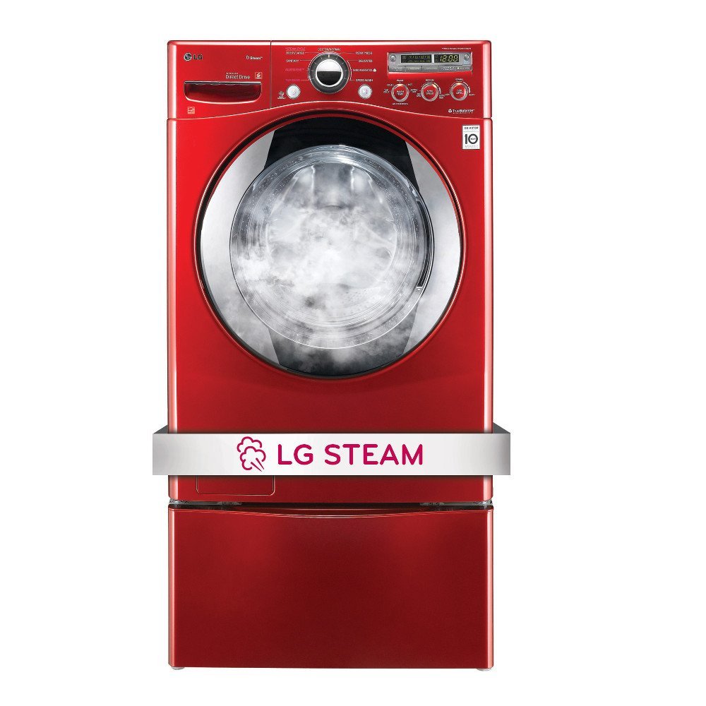 LG "Wild Cherry Red" Steam Laundry Pair with Matching Pedestals and