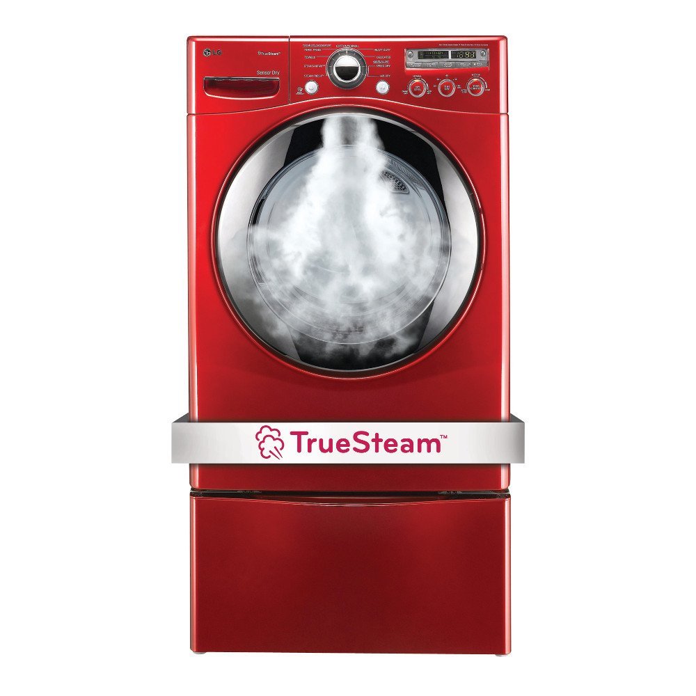 LG "Wild Cherry Red" Steam Laundry Pair with Matching Pedestals and