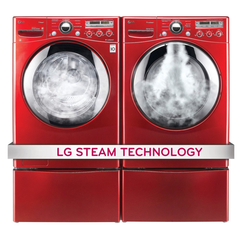 LG "Wild Cherry Red" Steam Laundry Pair with Matching Pedestals and
