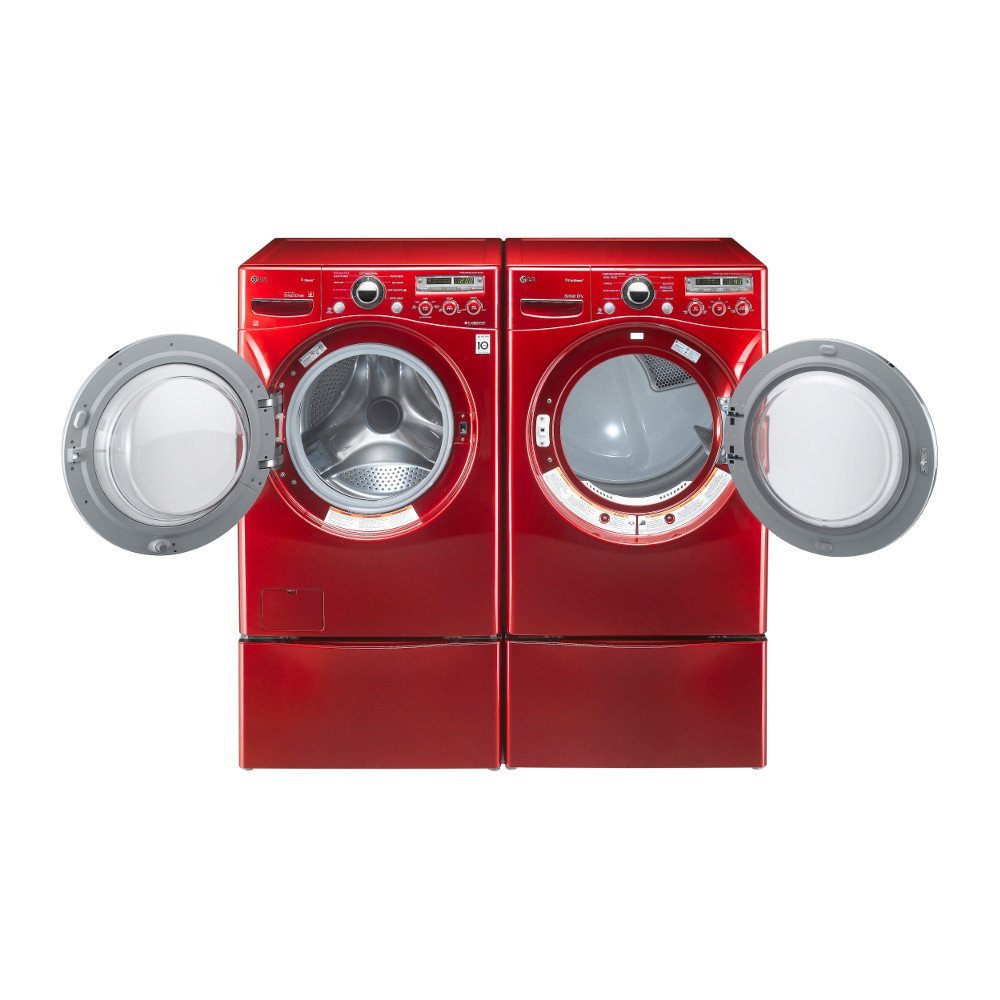 LG "Wild Cherry Red" Steam Laundry Pair with Matching Pedestals and