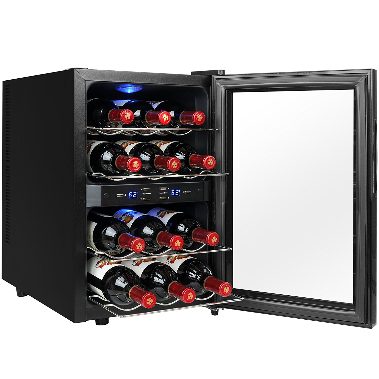 AKDY 12 Bottles Dual Zone Black Finish Reversible Doors Push Button Electric Wine Cooler Cellar