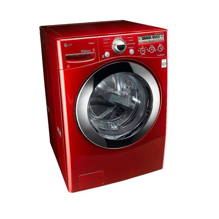 LG "Wild Cherry Red" Steam Laundry Pair with Matching Pedestals and