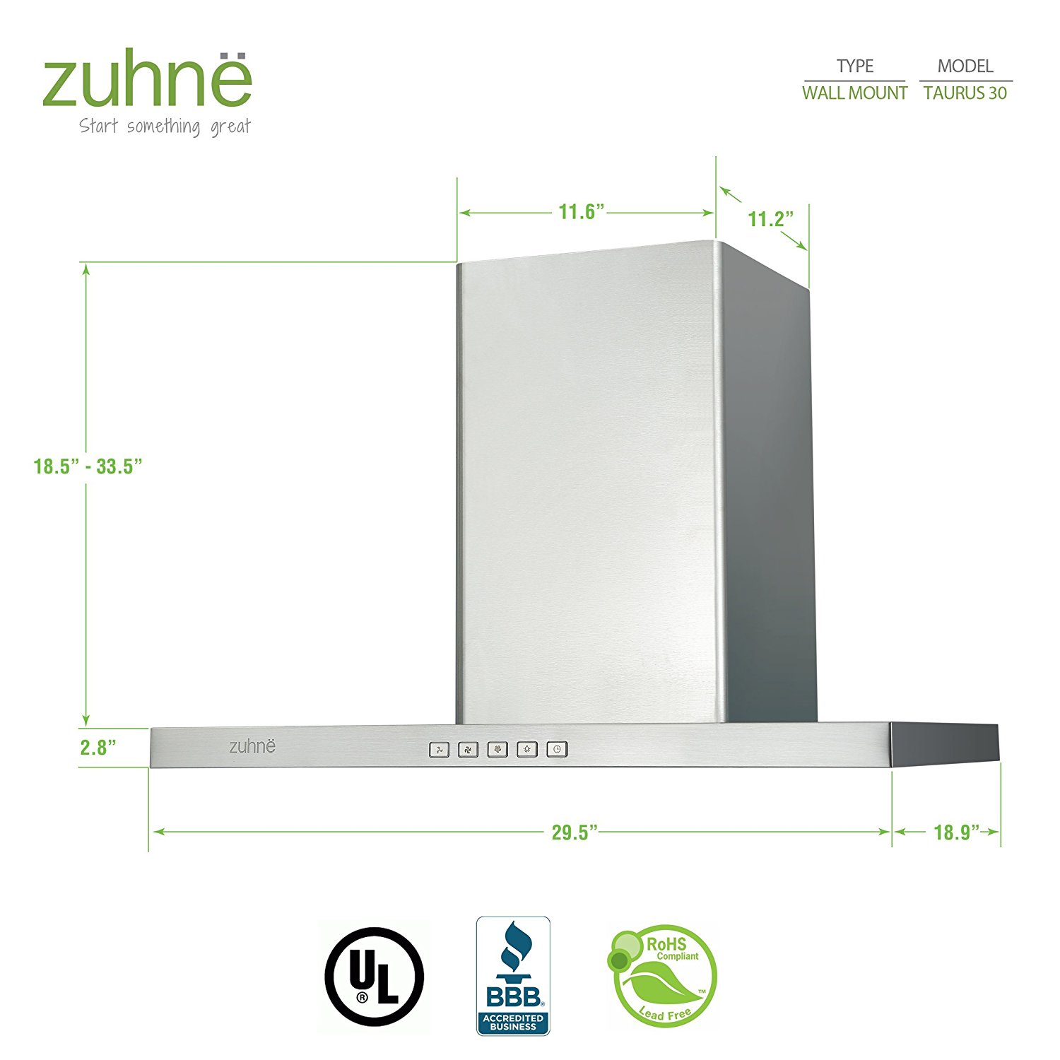 Zuhne Taurus 30 inch Kitchen Wall Mount Vented/ Ductless Stainless