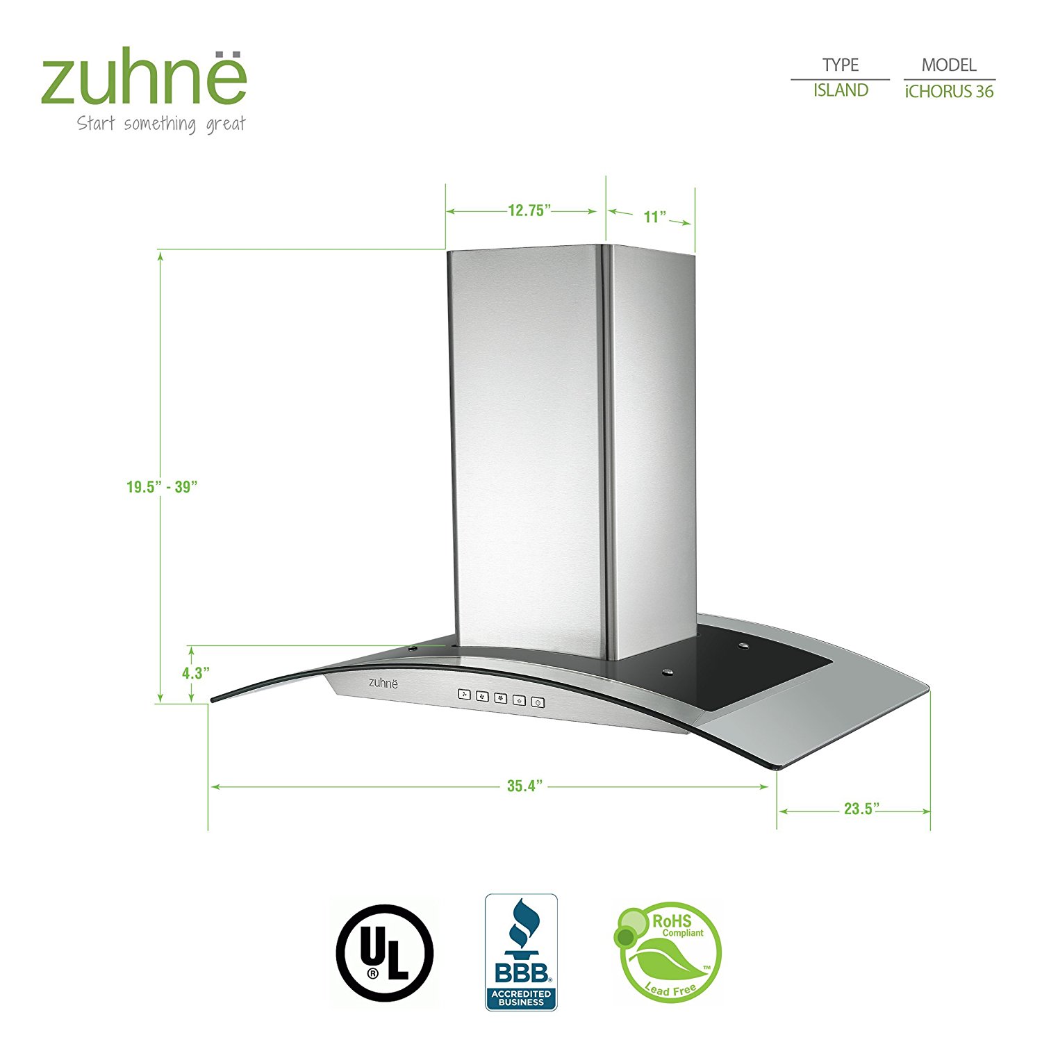 Zuhne iChorus 36 inch Kitchen Island Vented/ Ductless Stainless Steel