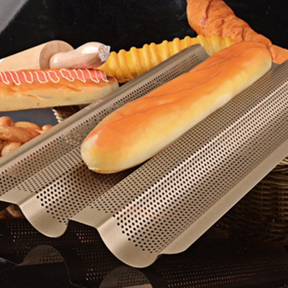 Whitelotous 3 Gutters Nonstick Perforated Baguette Pan French Bread