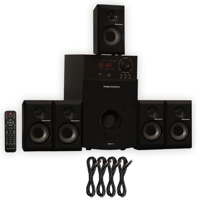 Theater Solutions TS514 Home Theater 5.1 Speaker System with USB FM Tuner and 4 Extension Cables