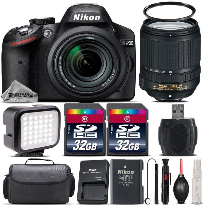 Nikon D3200 DSLR 24.2MP Camera in Black + Nikon 18140mm VR Lens + 64GB