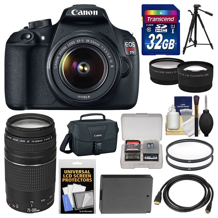 Canon EOS Rebel T5 Digital SLR Camera & EFS 1855mm IS II & 75300mm