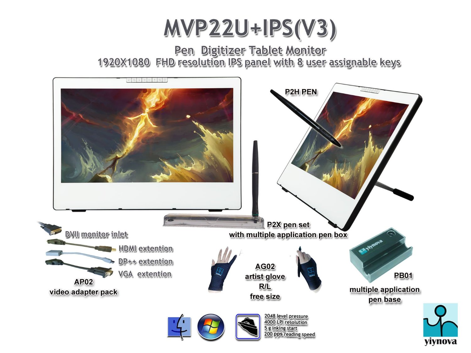 Yiynova MVP22U(V3) Tablet Monitor,IPS Panel, DVII Digital Input (Mac