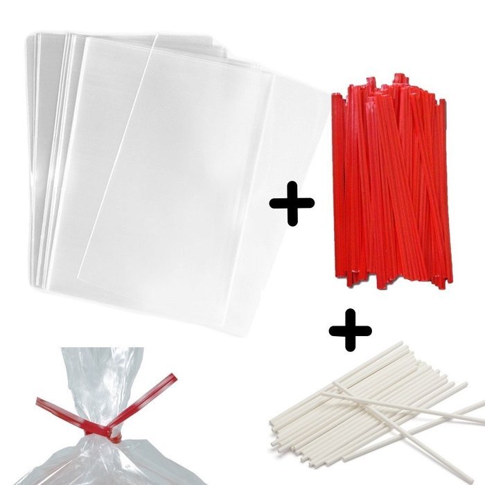 100 4x6" Clear Food Safe Favor Treat Bags, 4" Paper Red Twist Ties and